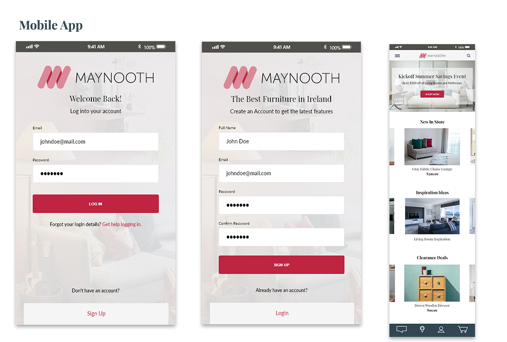 mobile app screenshots of signup and login pages