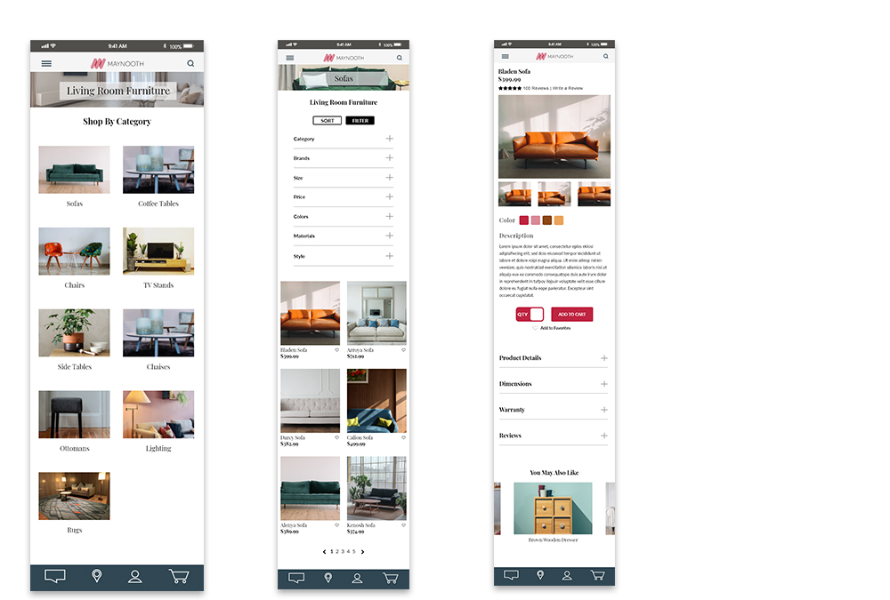 mobile app screenshots of category and product pages